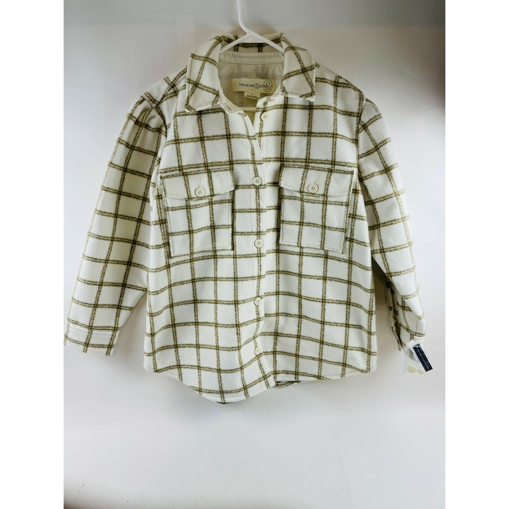 Treasure & Bond Jacket Size L Cream Tan Plaid Puff Sleeve Shirt Flap Pocket NWT!